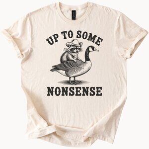 Raccoon Riding Goose Up To Some Nonsense Funny Animal Graphic Tee Shirt